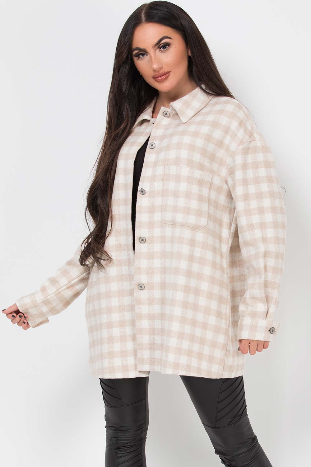 womens gingham check shacket beige