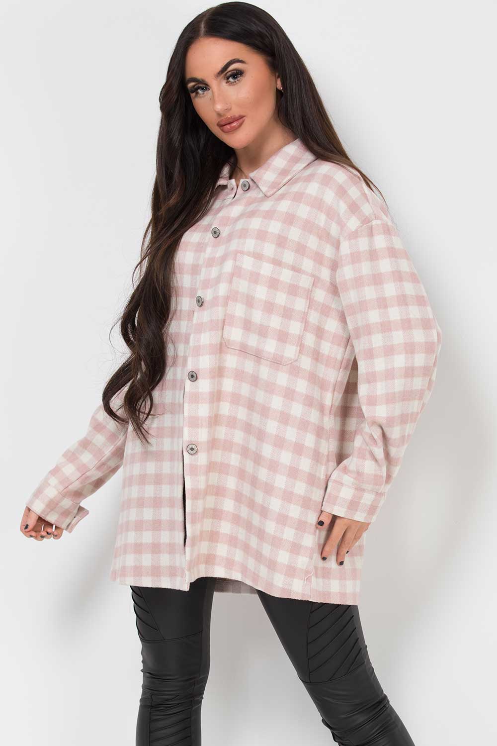 pink check shacket womens