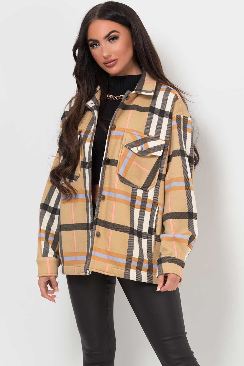 oversized check shacket women