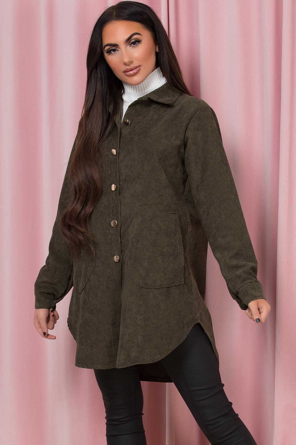 khaki cord shacket womens