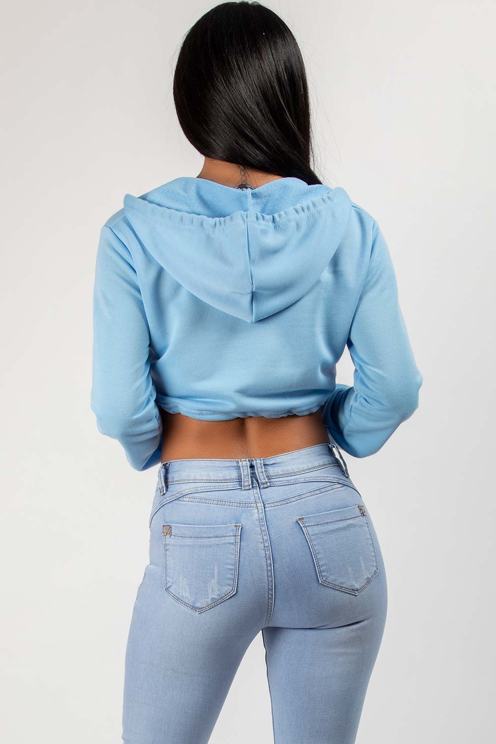 Sky Blue Crop Hoodie With Draw String Waist