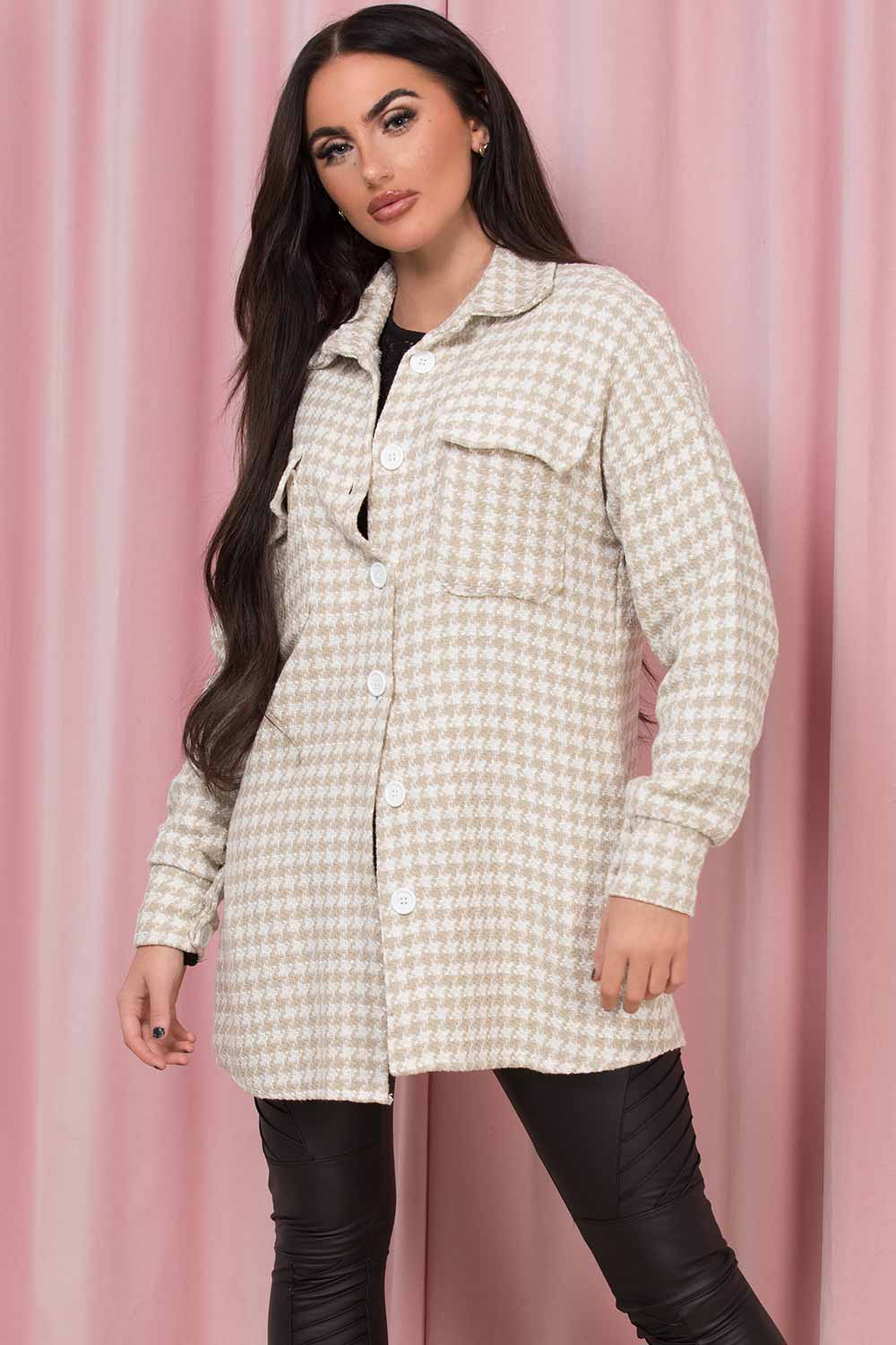 beige dogtooth shacket womens