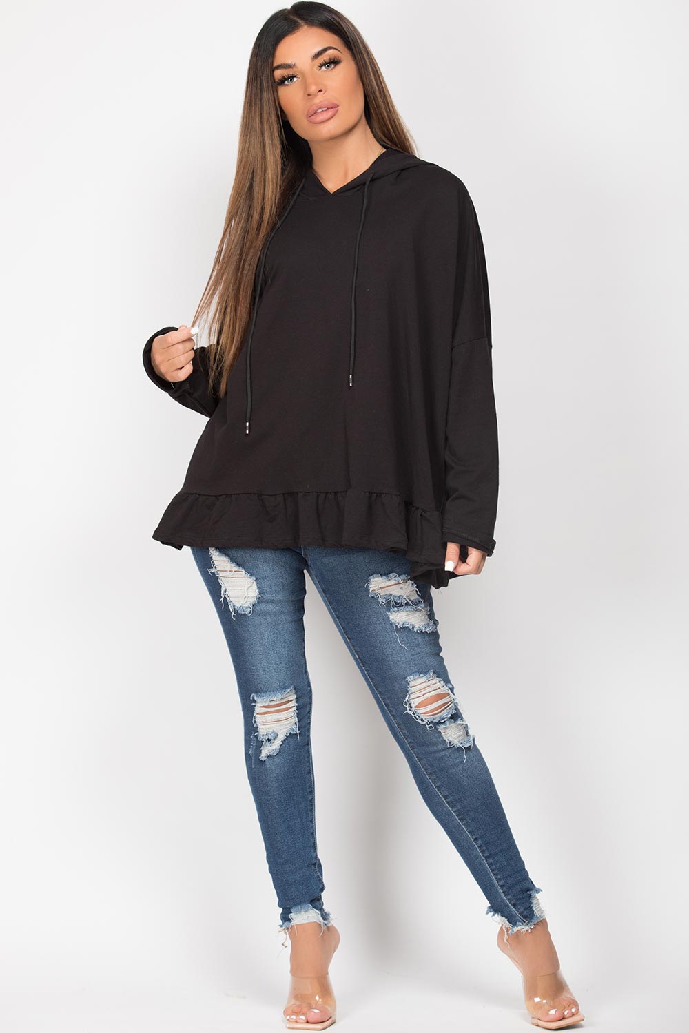 frill hem hoodie black