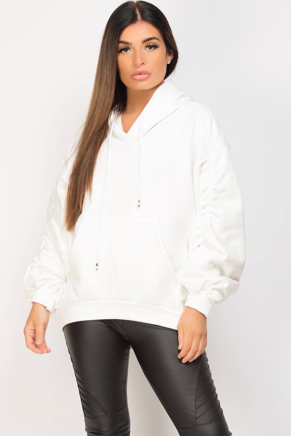 ruched sleeve oversized hoodie off white