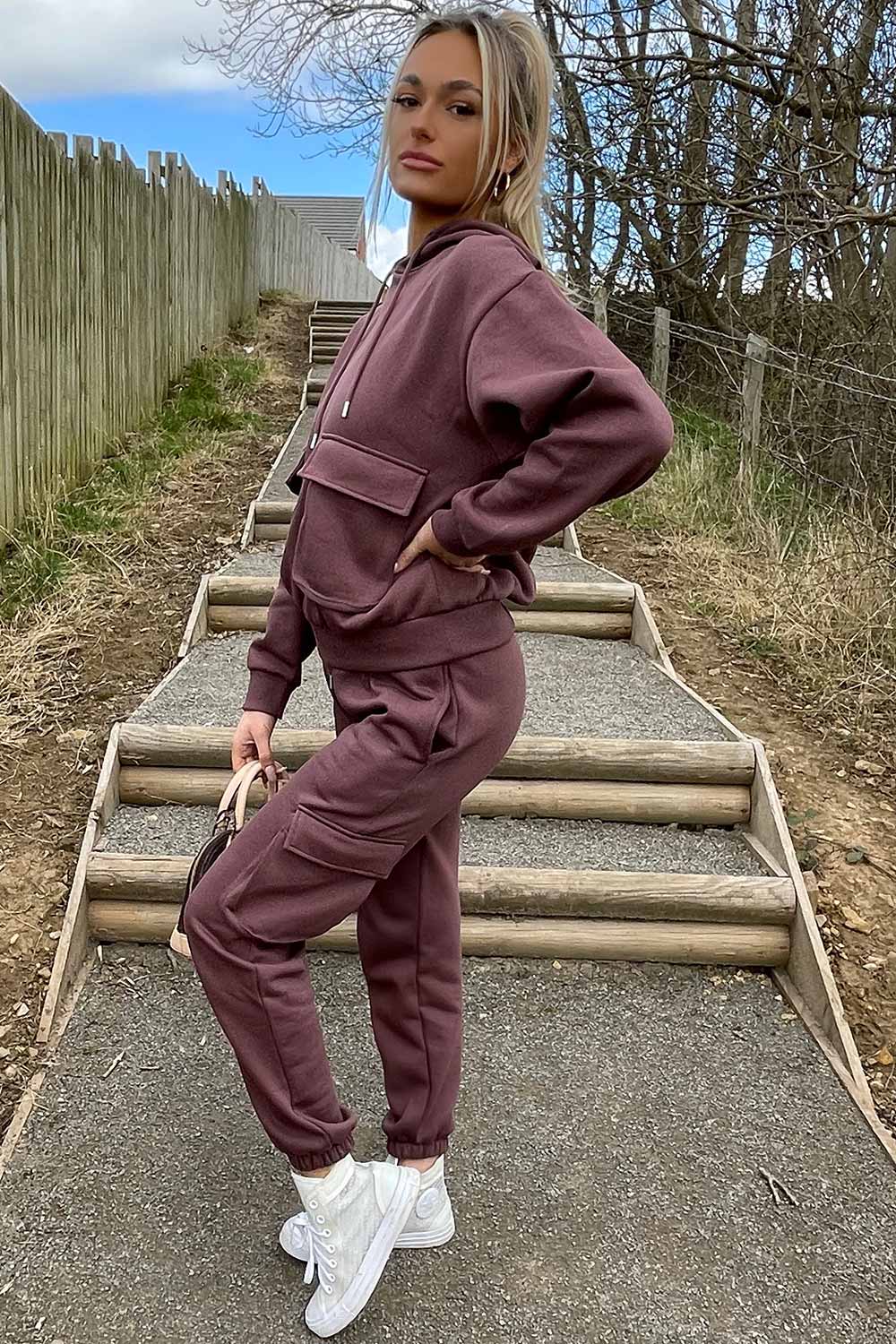 brown utility pocket loungewear set