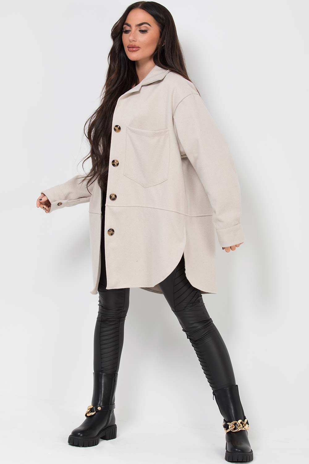 womens oversized shacket beige