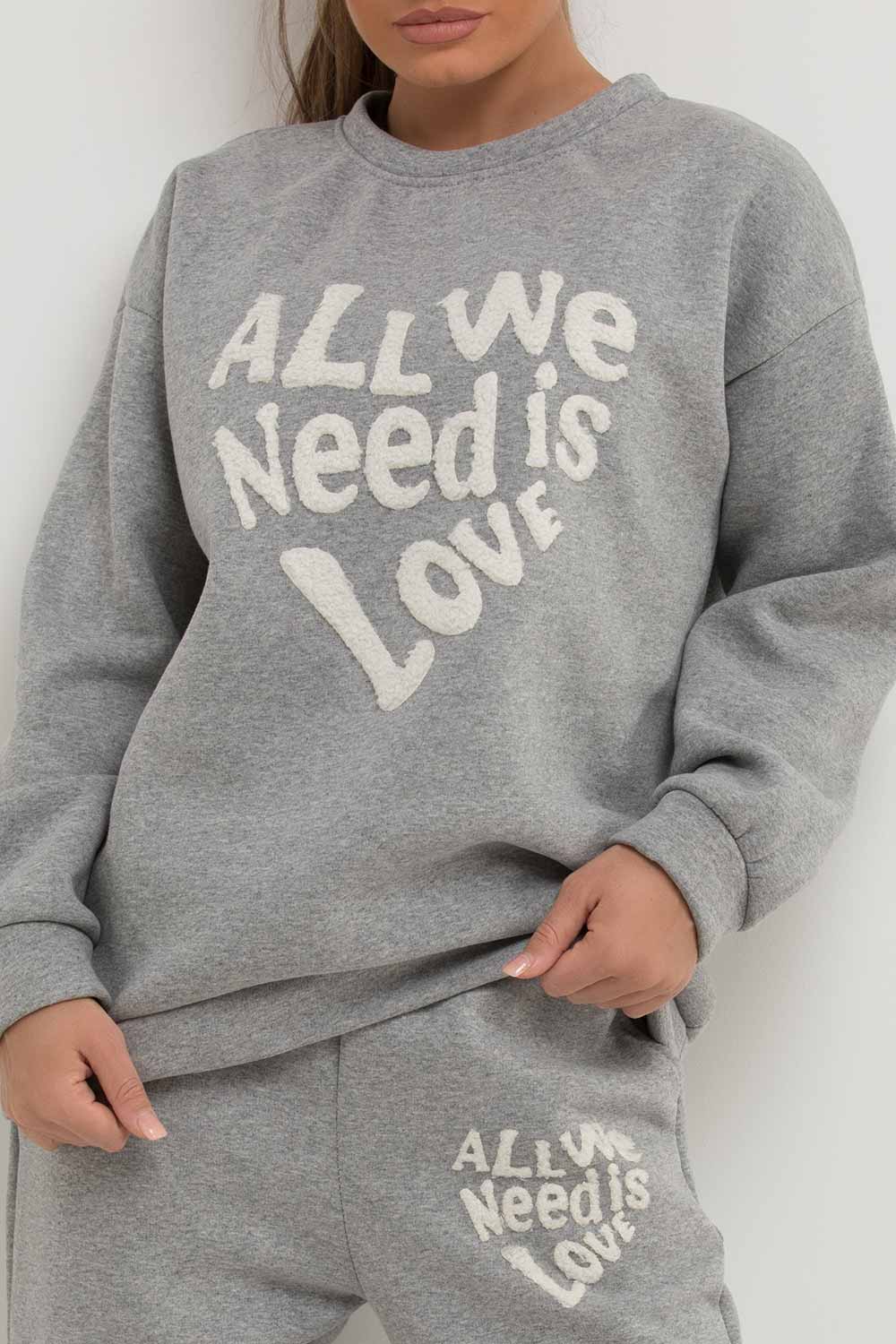 all we need is love towelling loungewear co ord set grey