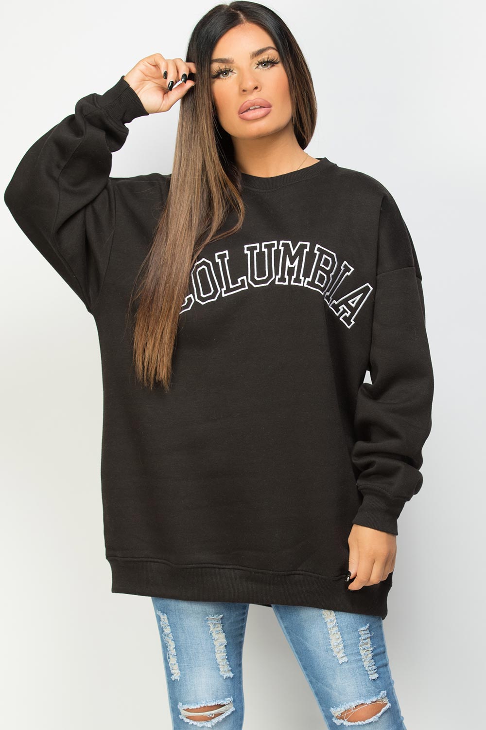 womens black oversized sweatshirt with columbia slogan
