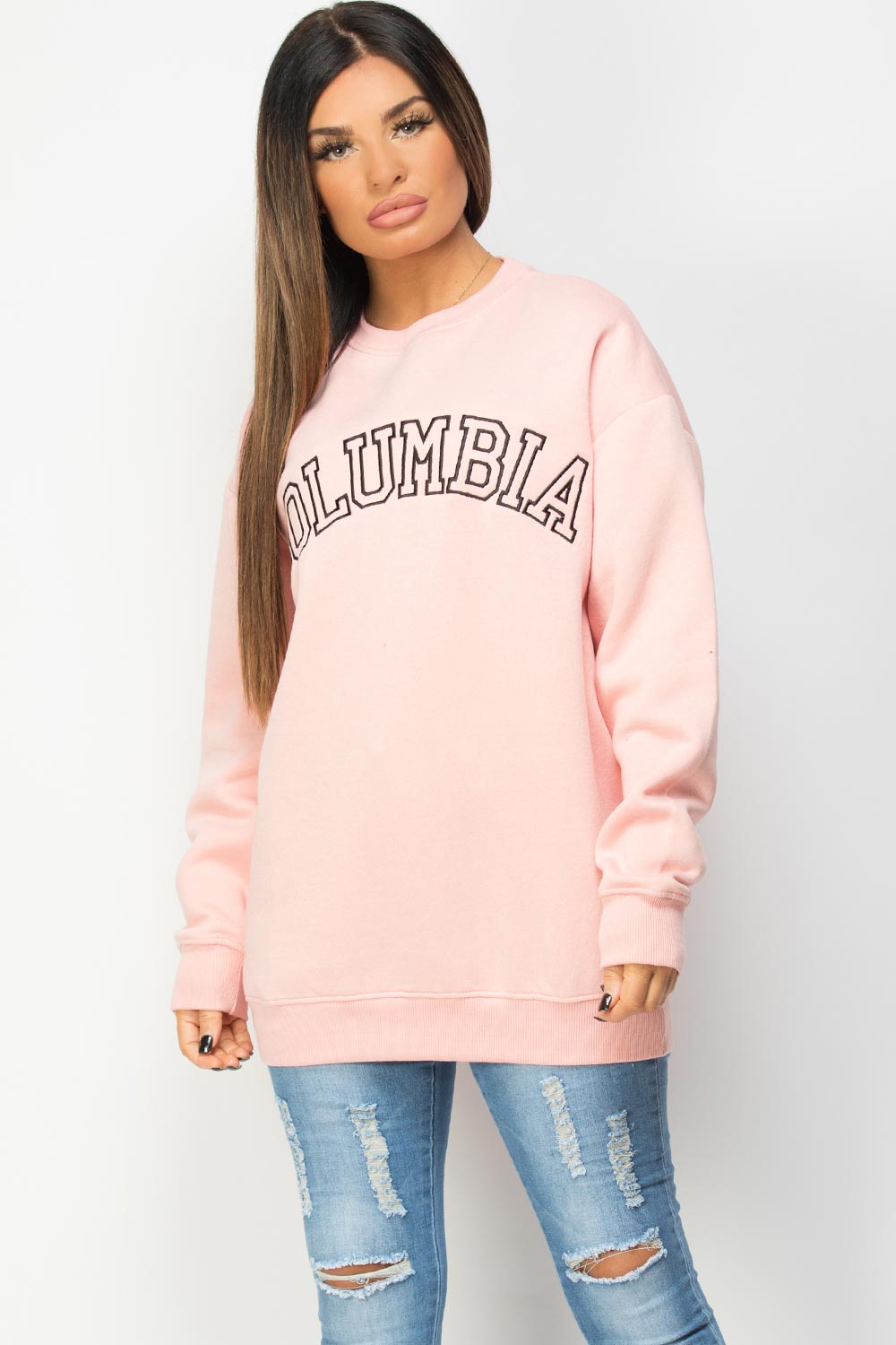 pink sweatshirt with cloumbia embroidery