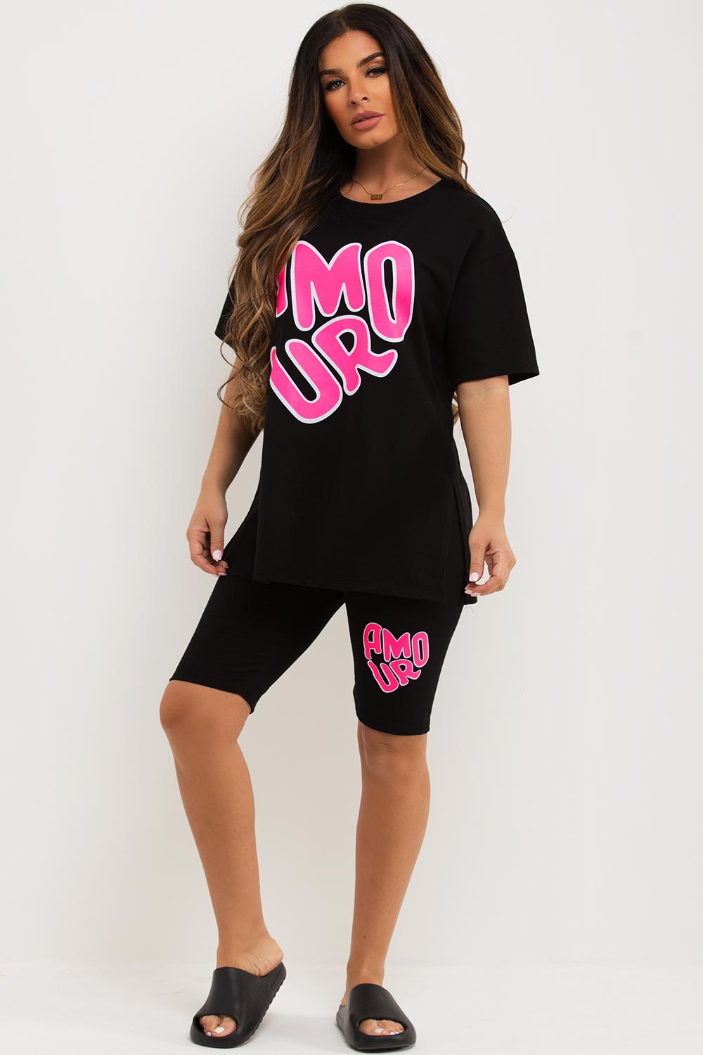 amour print cycling shorts and t shirt set
