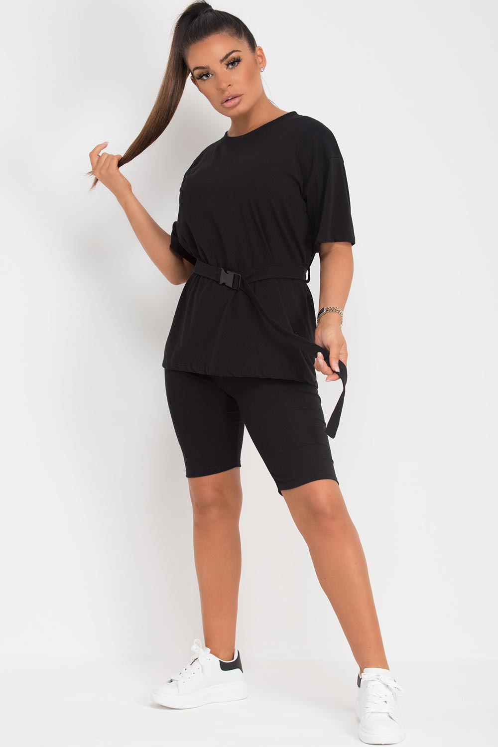 black oversized top and cycling shorts set
