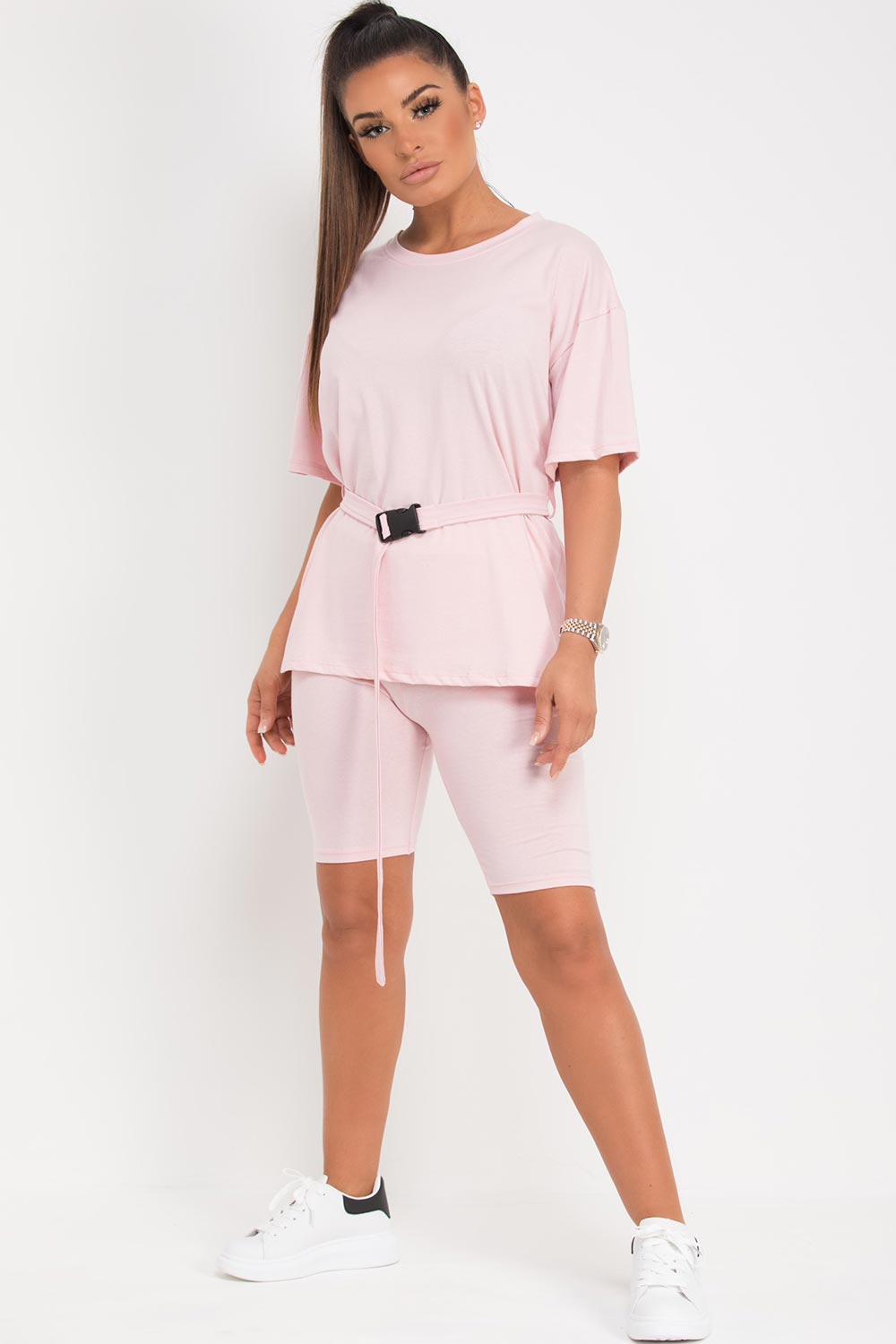 pink cycling shorts top two piece set with belt