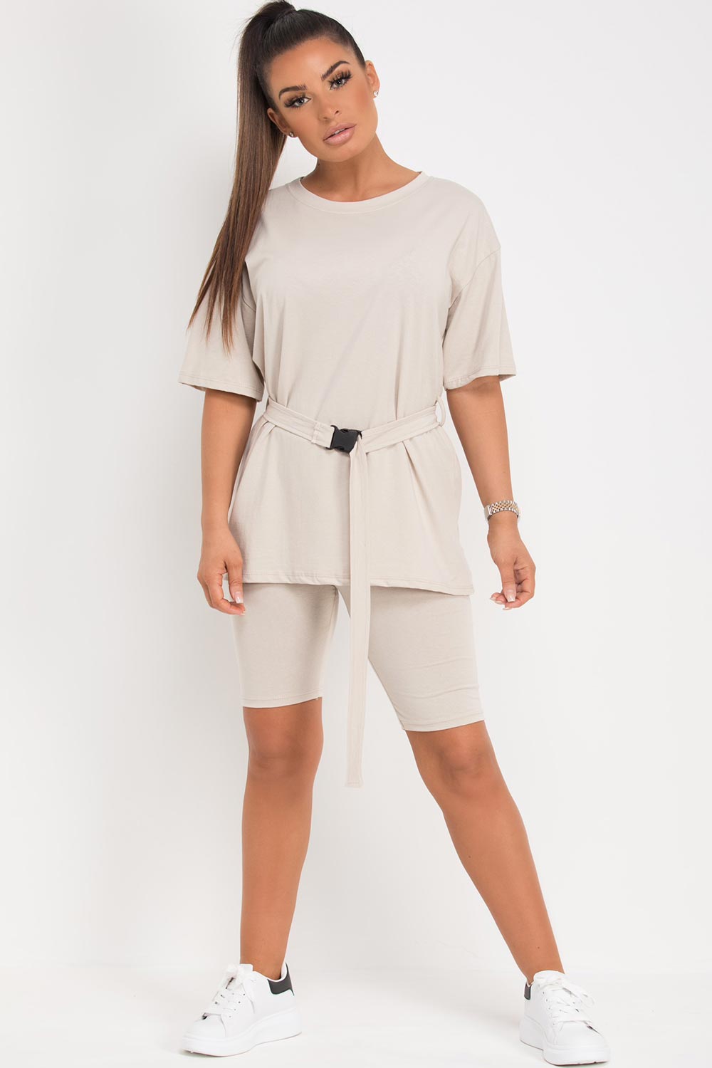 utility belt oversized t shirt and cycling shorts set stone