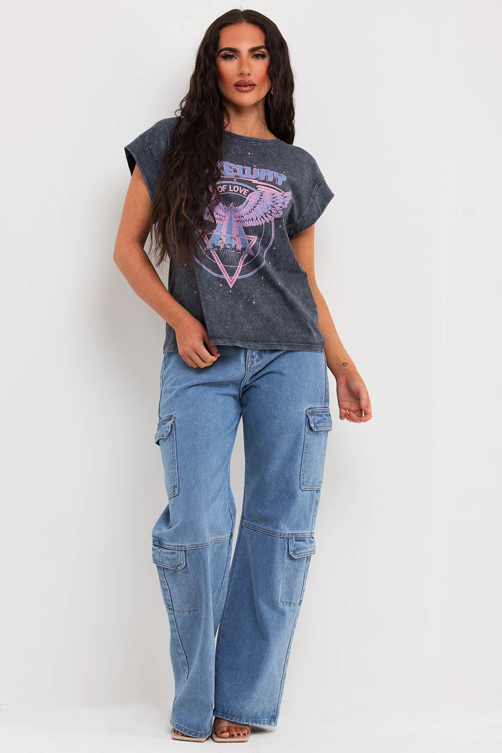 womens acid wash t shirt with freeway print