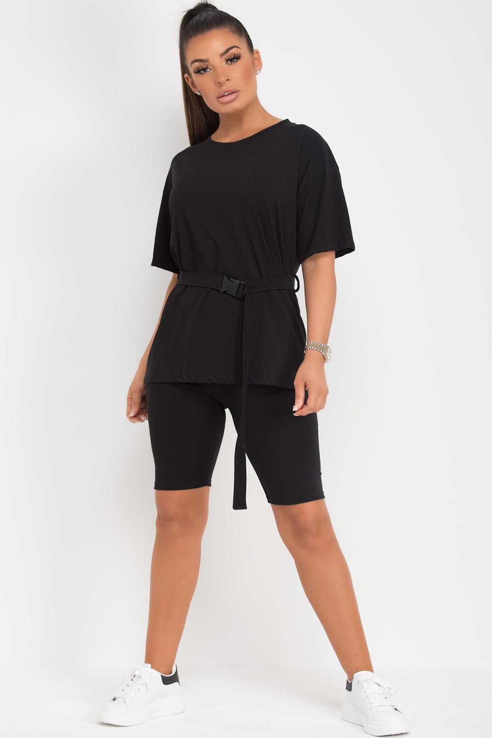 black t shirt and cycling shorts set