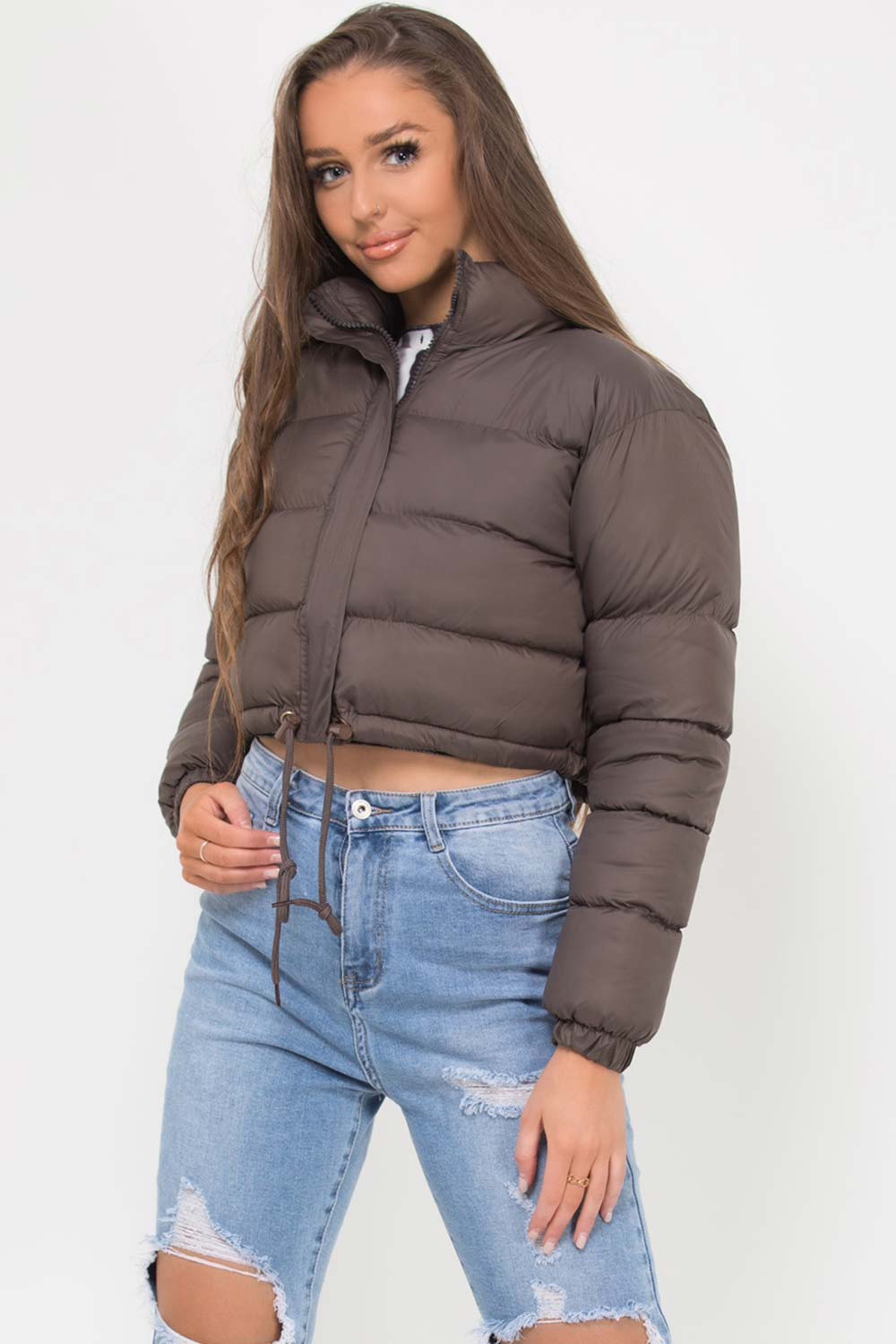 cropped padded puffer jacket with drawstring waist