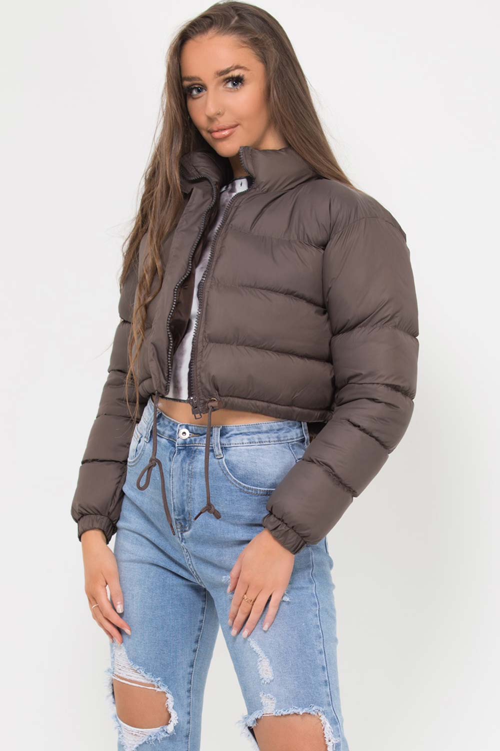 puffer padded cropped jacket brown