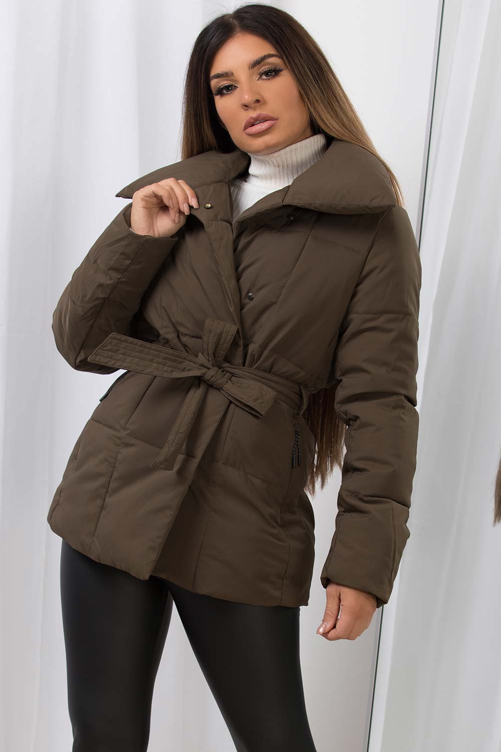 padded puffer duvet jacket with belt womens
