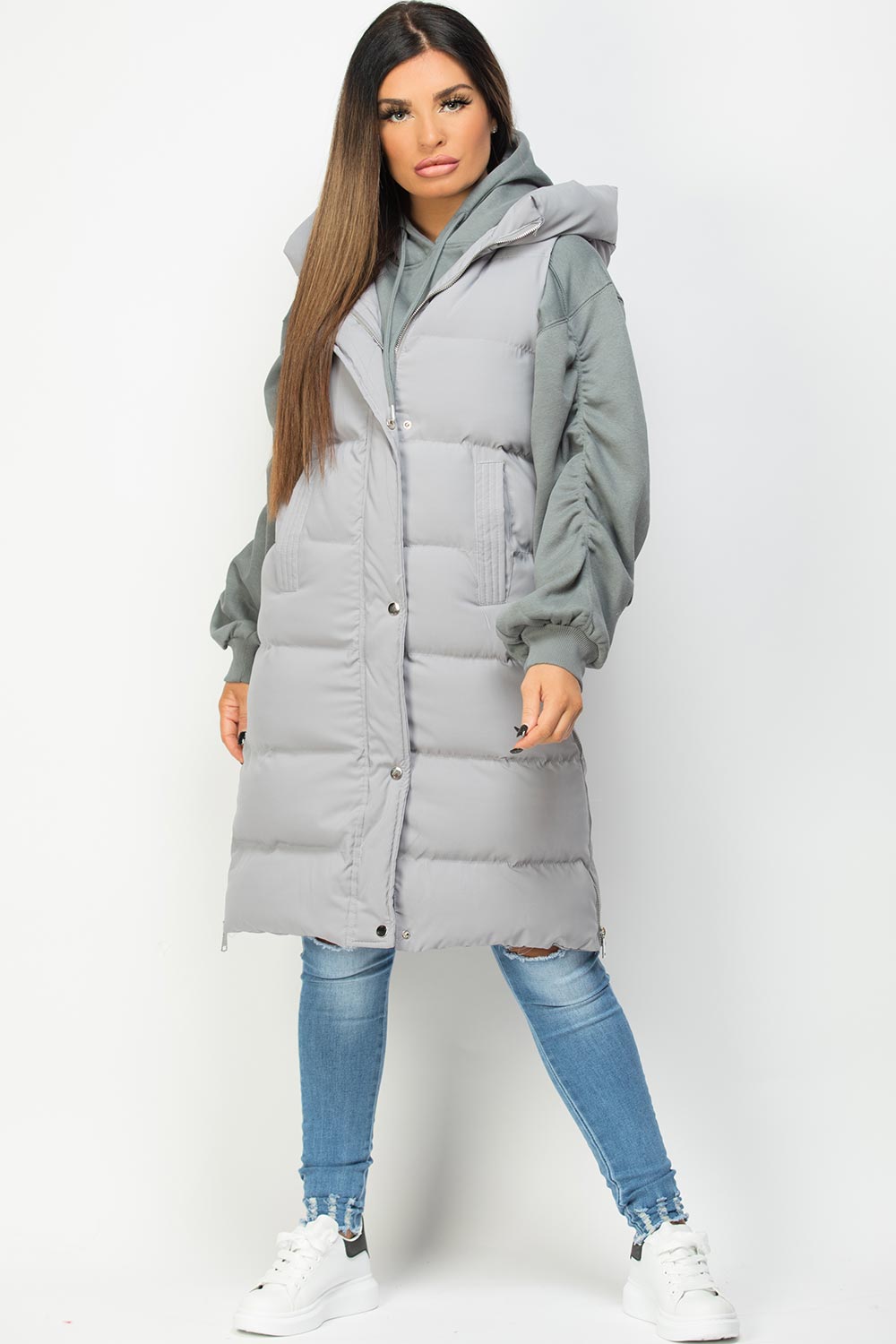 longline padded hooded gilet grey