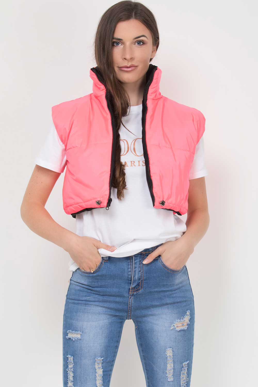 womens padded cropped gilet reversible