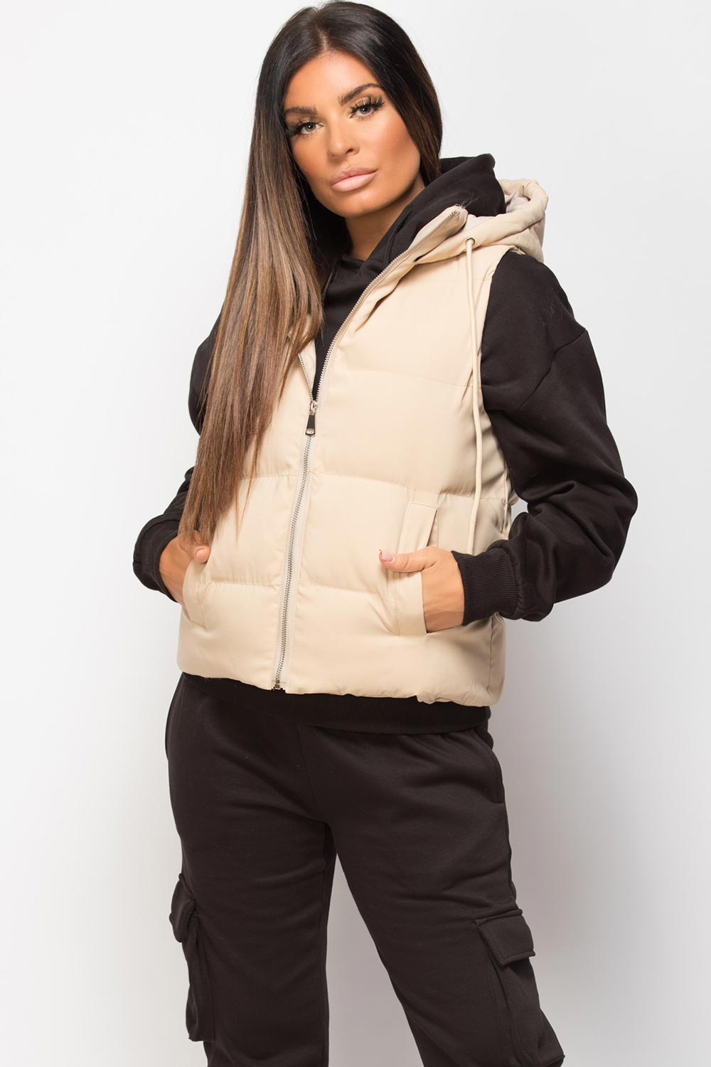 short padded hooded gilet stone