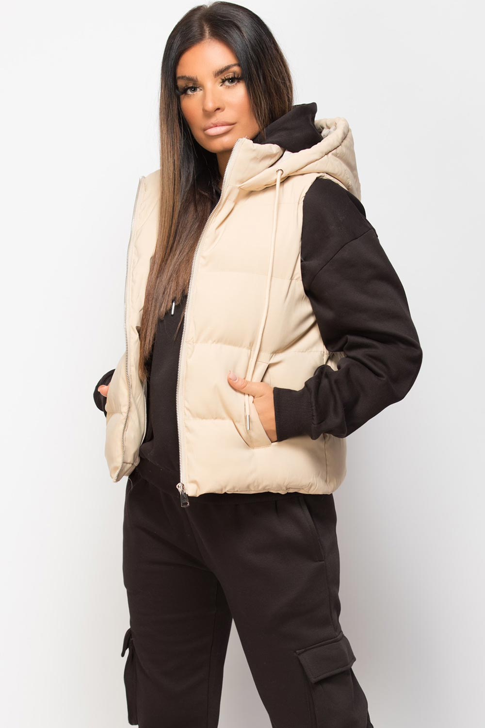 womens padded hooded gilet stone