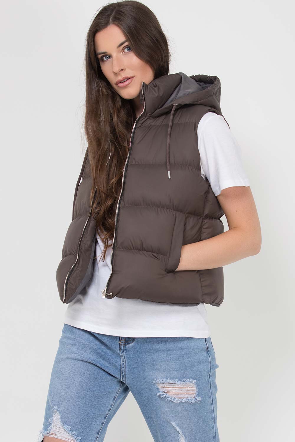padded puffer hooded gilet chocolate brown