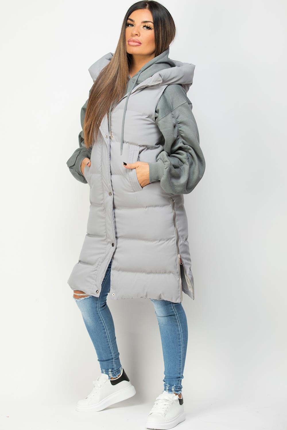long hooded gilet grey