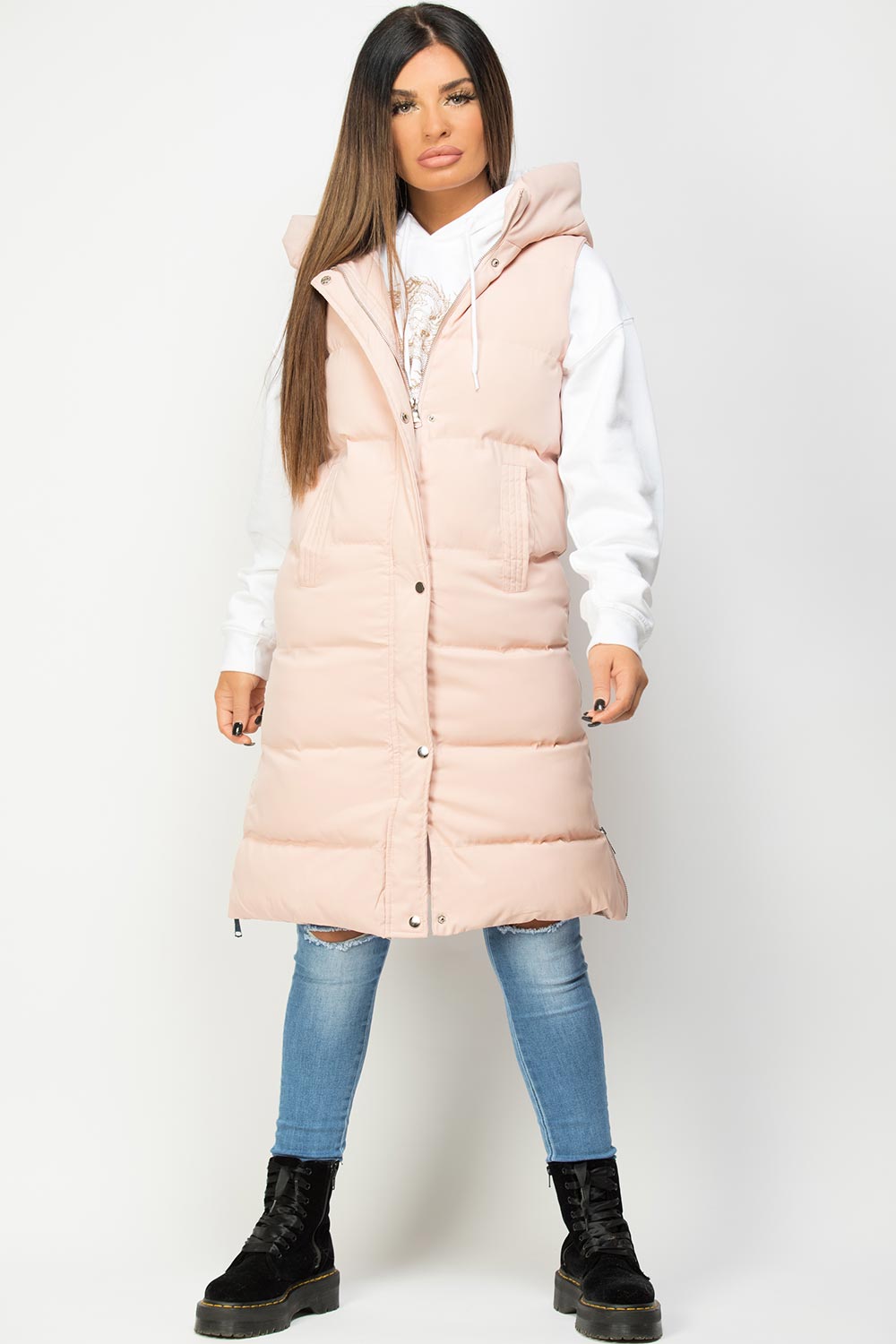 pink padded hooded gilet womens