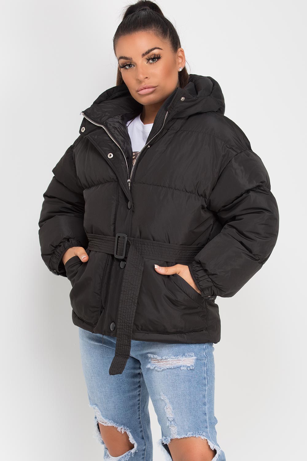 black puffer padded hooded coat with belt