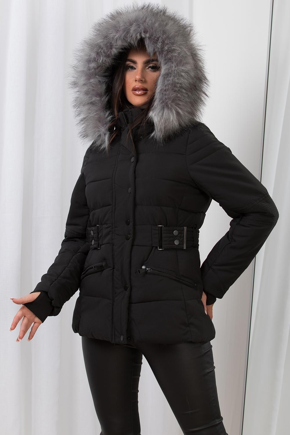 black padded puffer hooded jacket womens