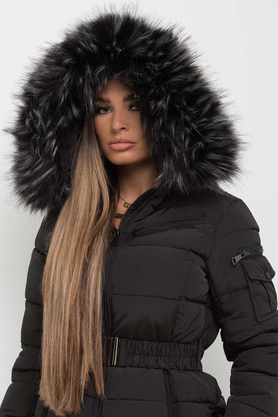 Womens Faux Fur Hooded Jacket With Belt –