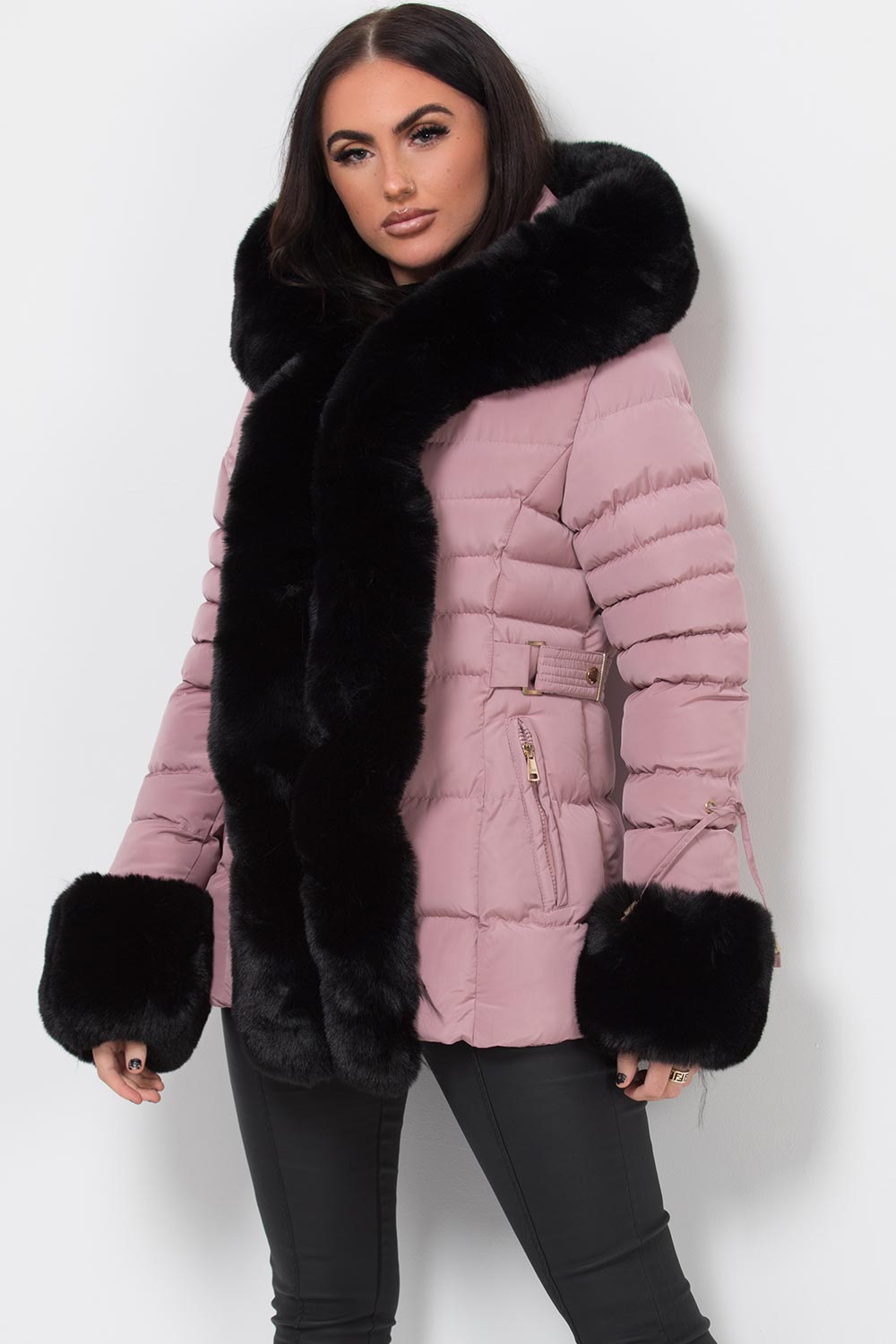pink padded puffer jacket with faux fur hood