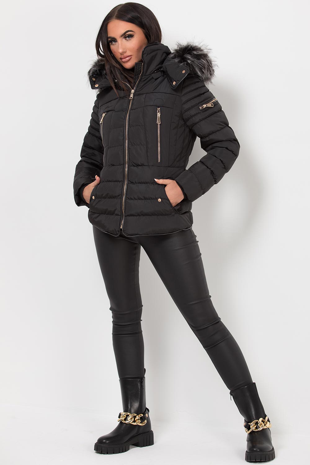 womens black puffer jacket with fur hood