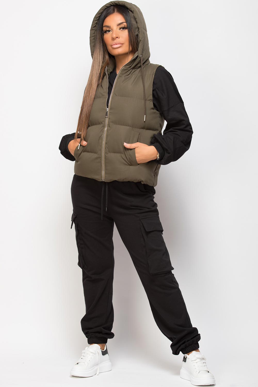 padded hooded puffer gilet khaki