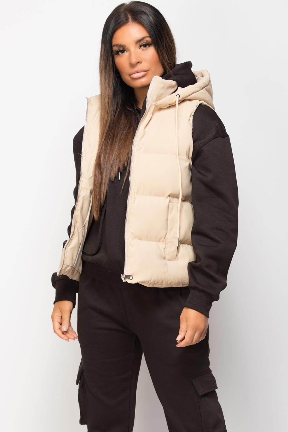padded short gilet with hood stone
