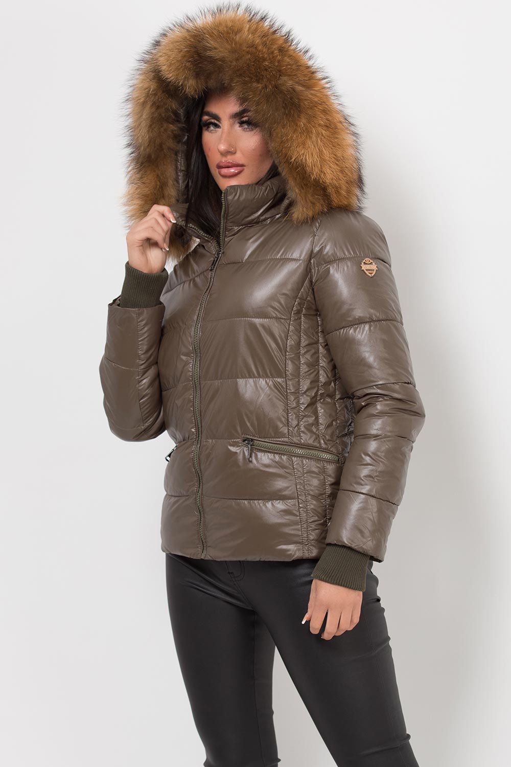 khaki real fur hood puffer jacket uk