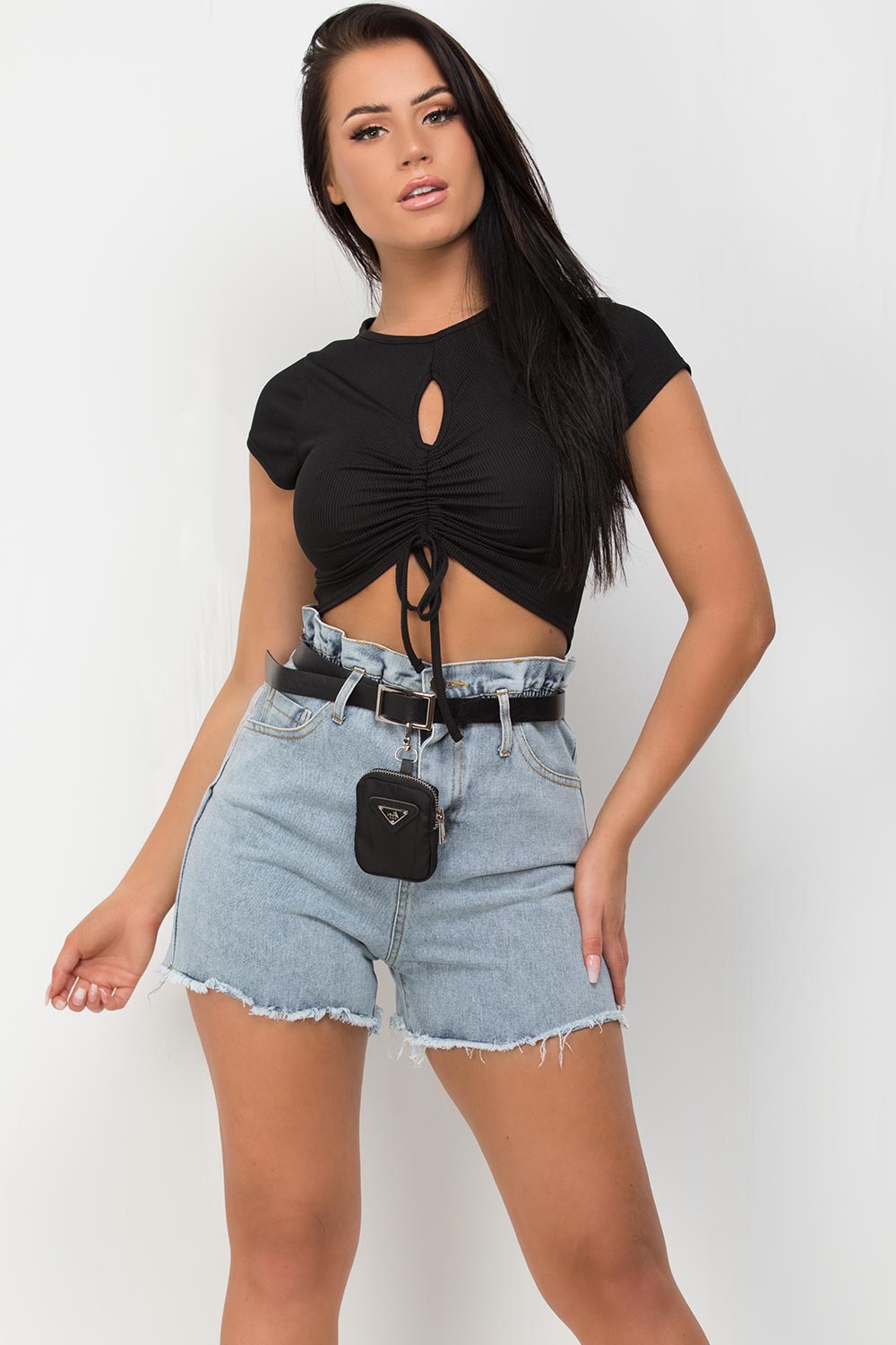 light wash denim shorts with belt