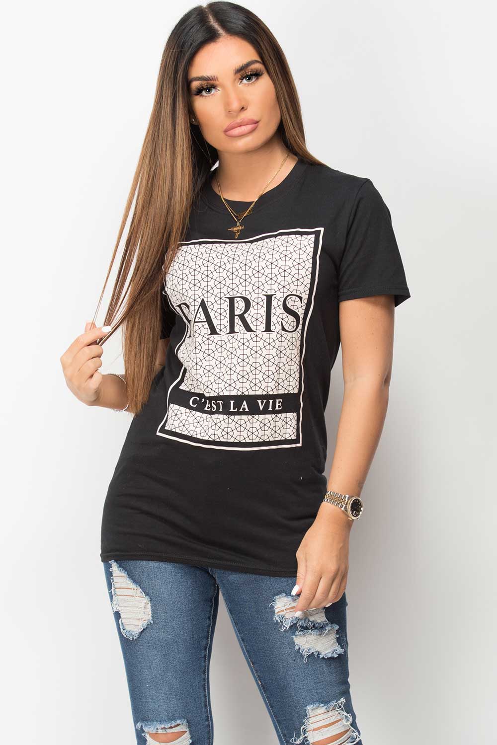 black c'est la vie print t shirt womens