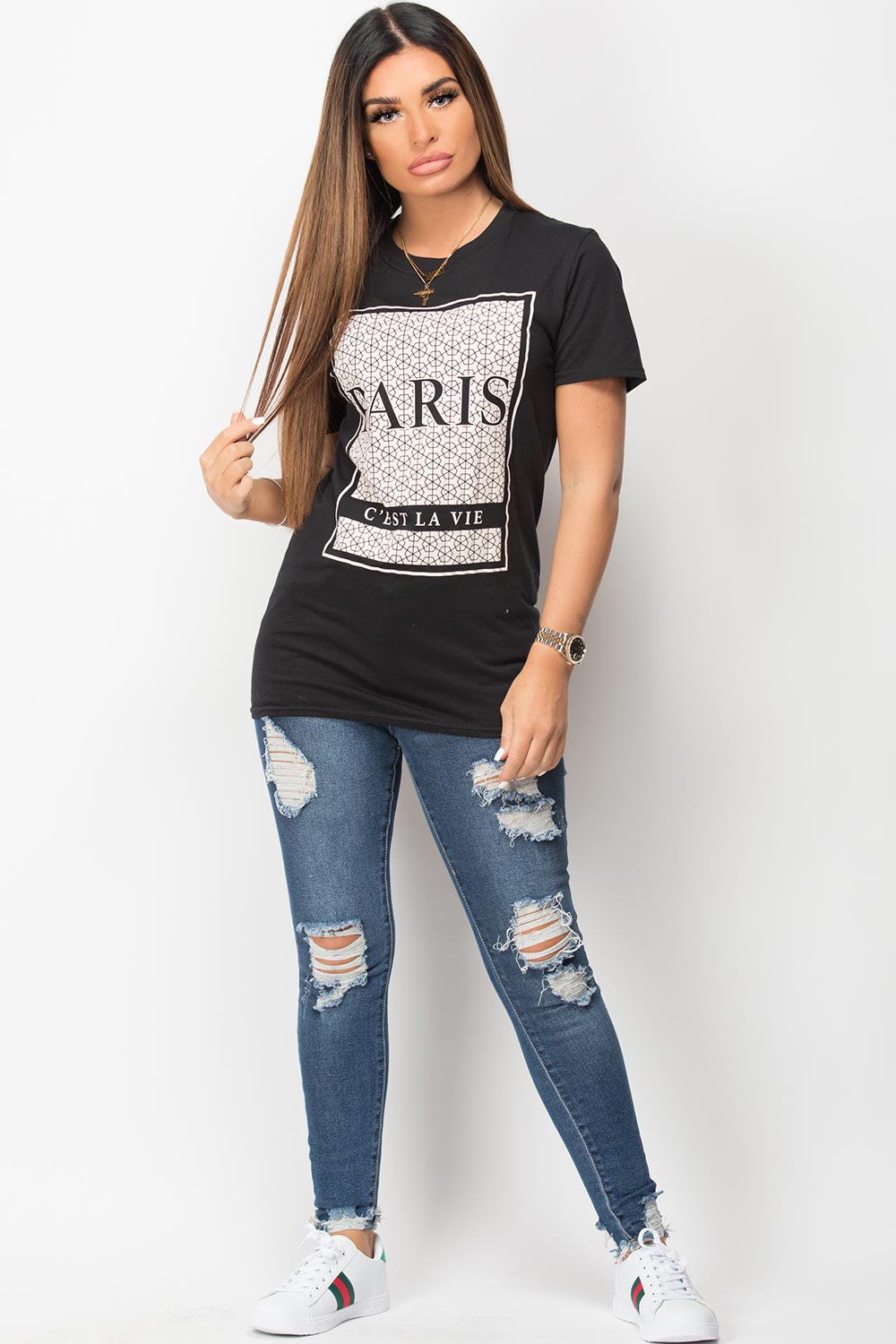 womens black paris print t shirt
