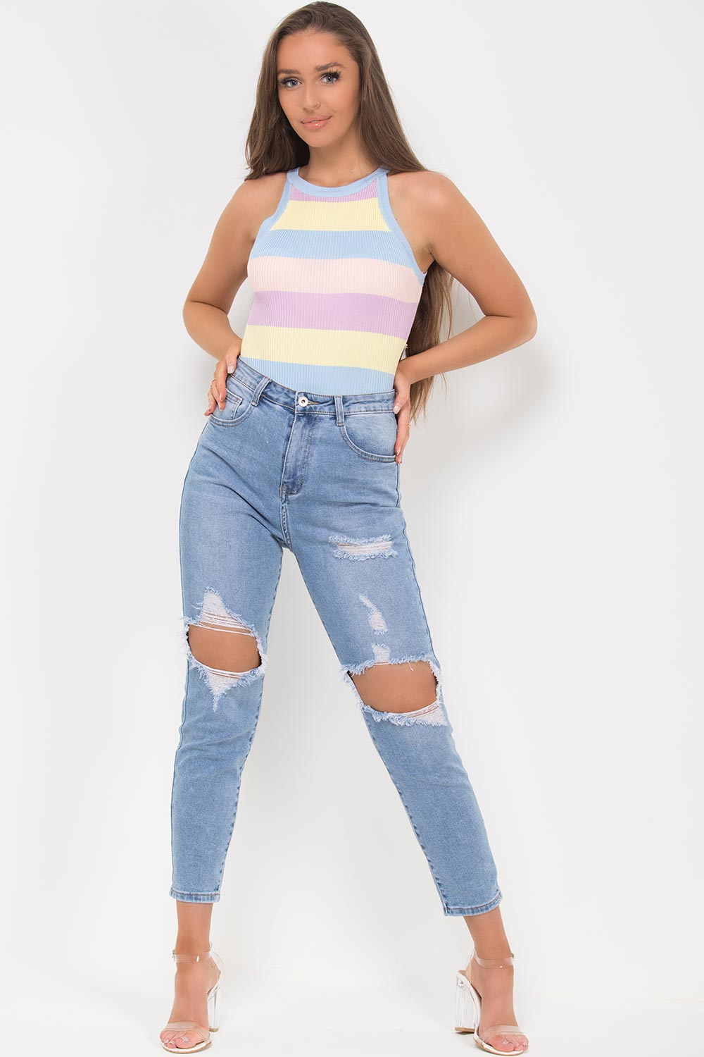 knitted racer neck pastel stripe bodysuit