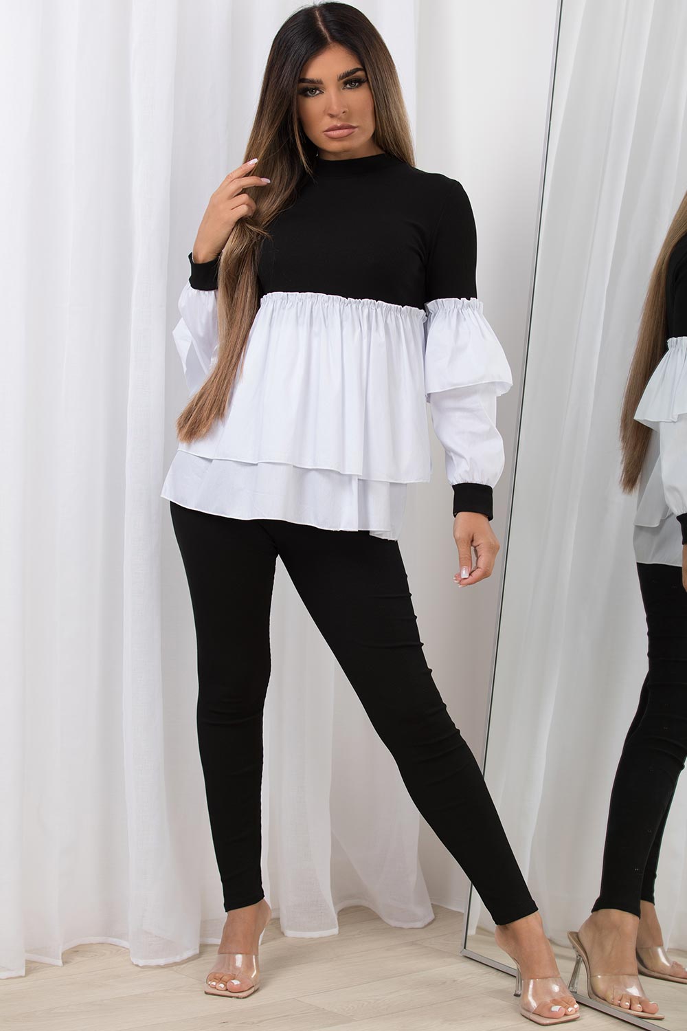 peplum frill hem ribbed co ord lounge set black and white