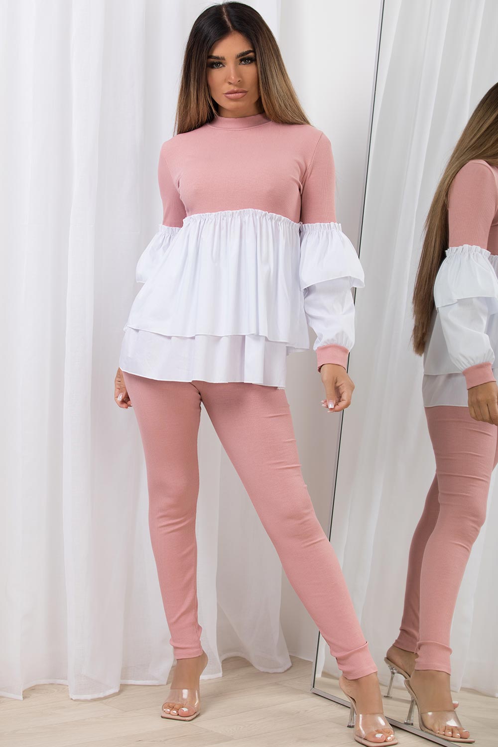 frill hem peplum ribbed jumper shirt and leggings co ord lounge set