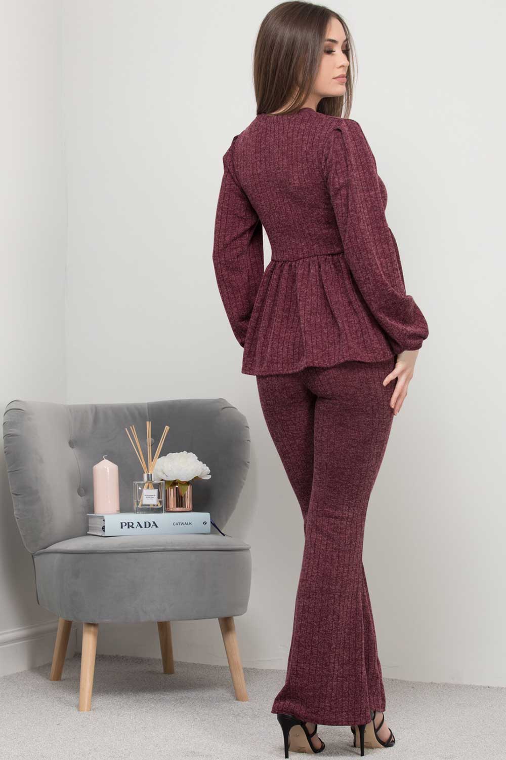 frill hem ribbed wide leg loungewear set wine