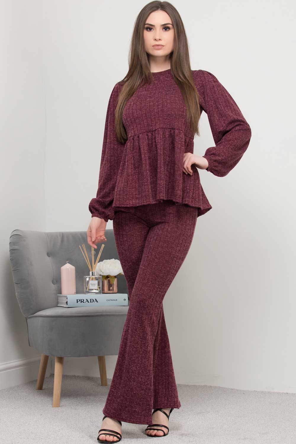 wide leg ribbed frill hem lounge set wine