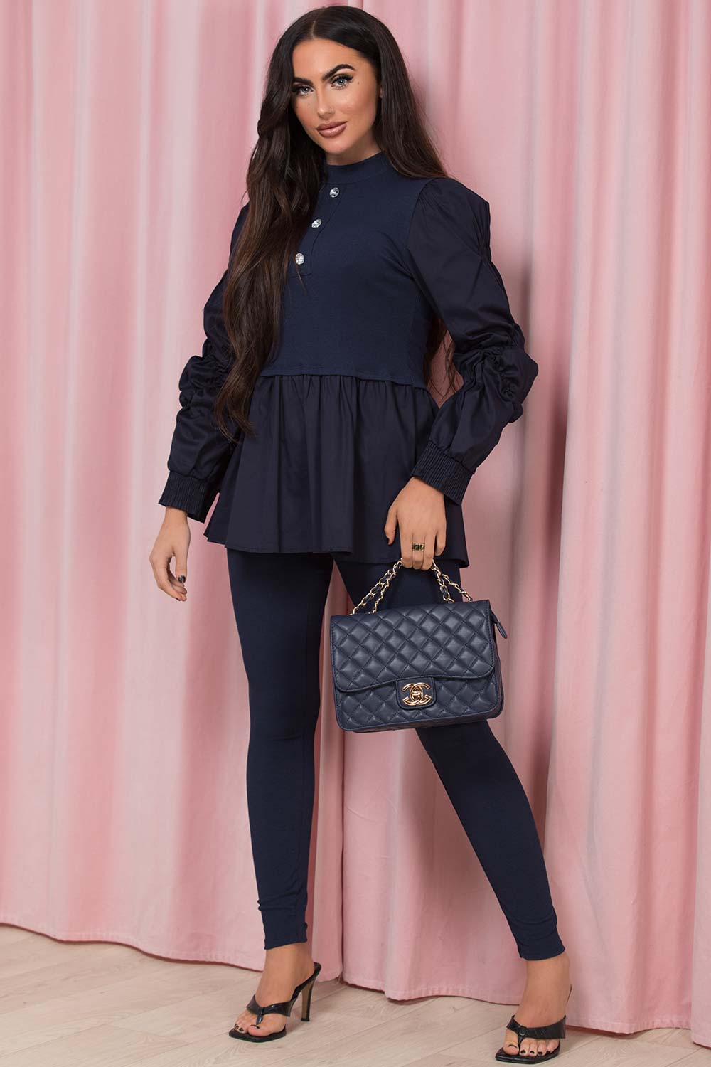 ruched sleeve peplum frill hem loungewear set navy