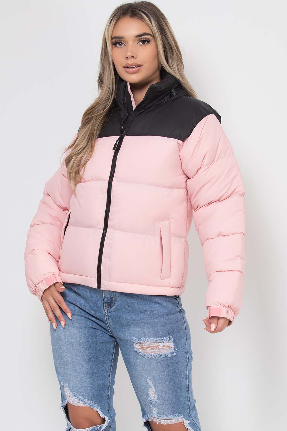 pink and black puffer padded jacket north face inspired
