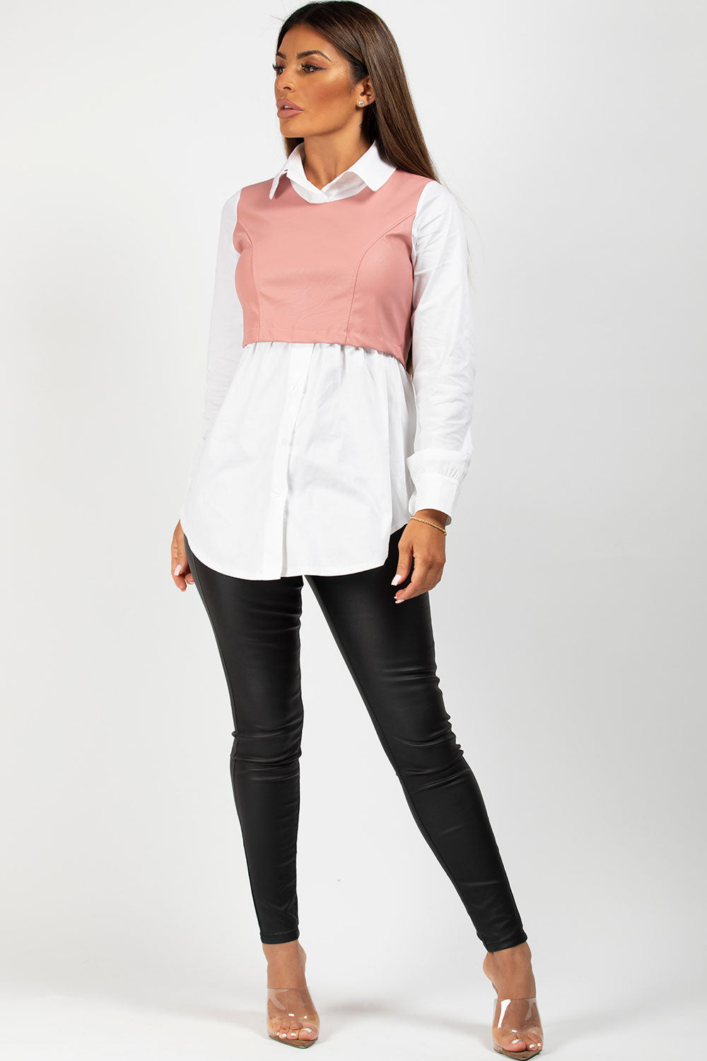 white and pink pu panel shirt