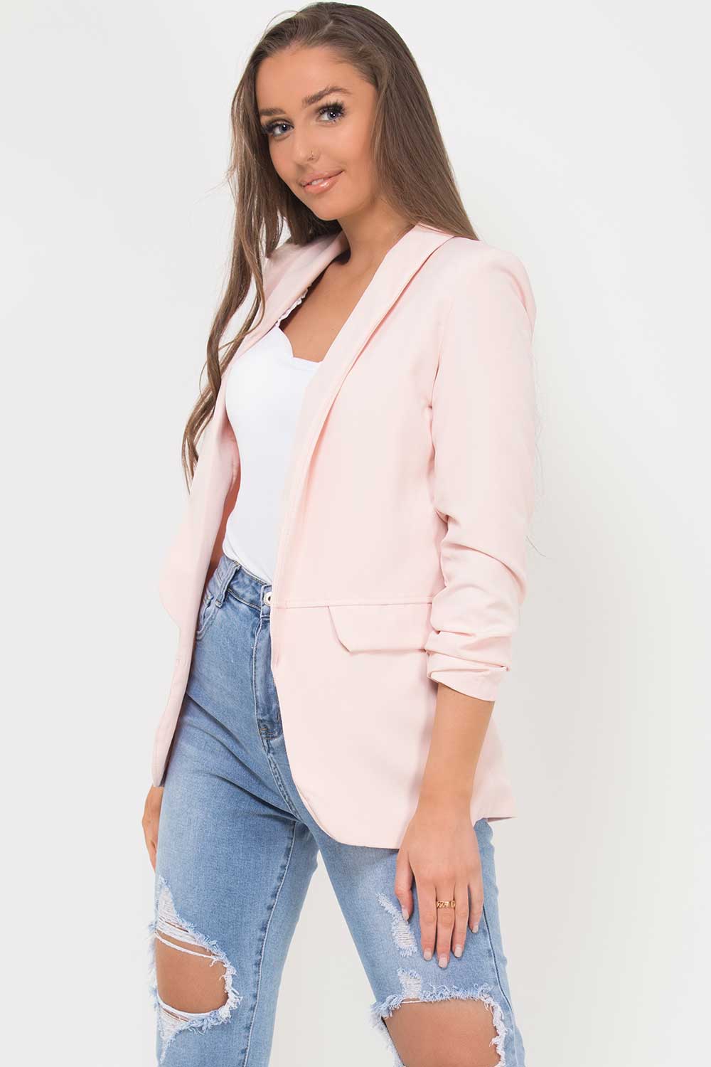 ruched sleeve lapel longline collar blazer