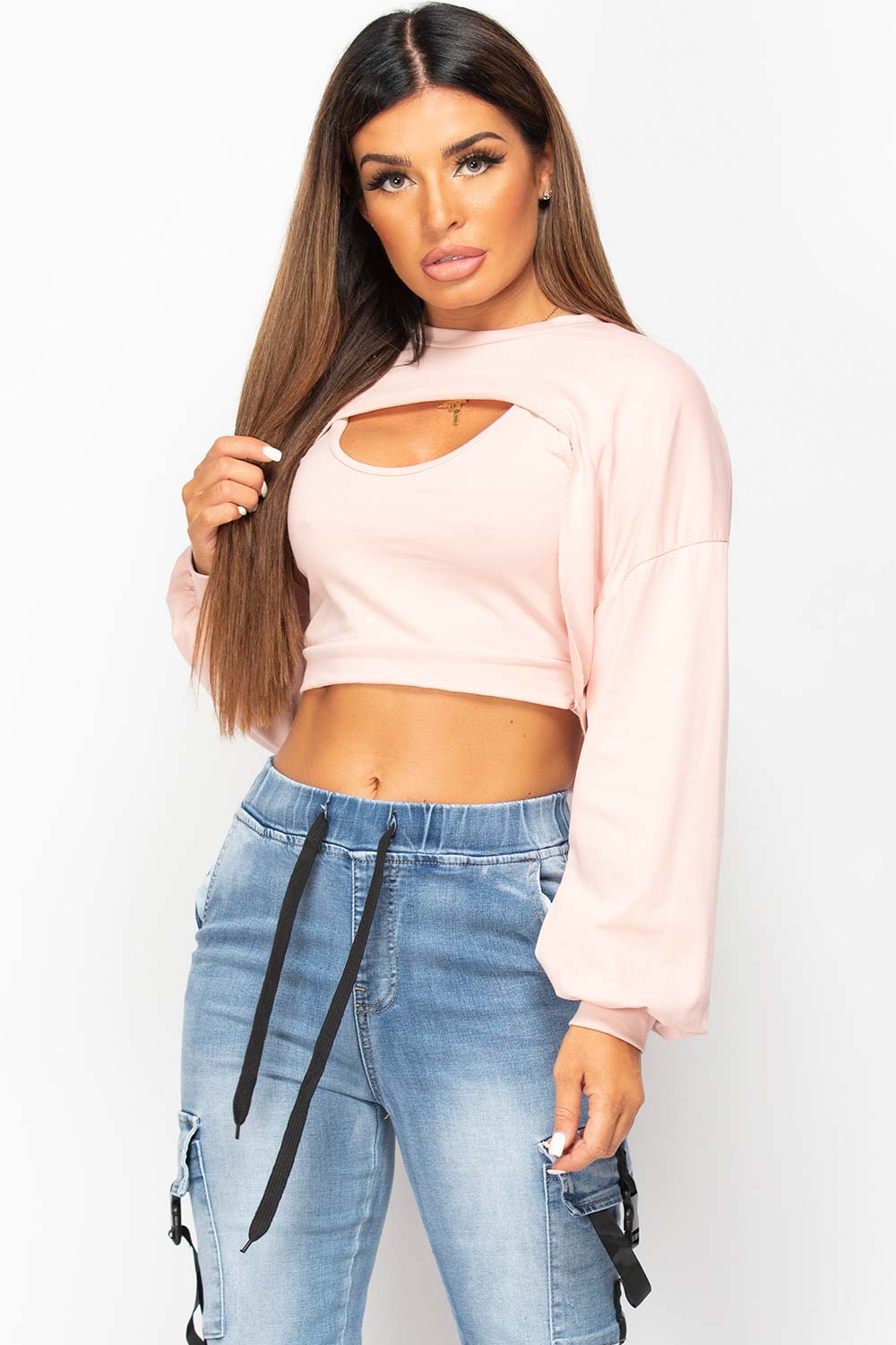 pink cut out front long sleeve sweatshirt